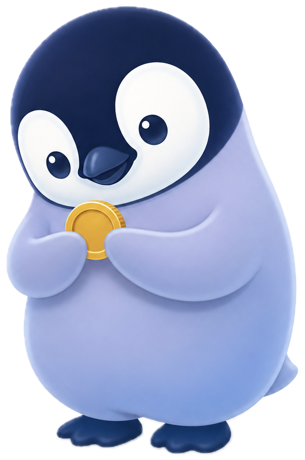 Sally the penguin pondering a coin