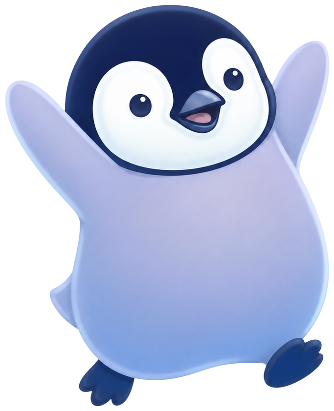 Sally the penguin hopping in celebration