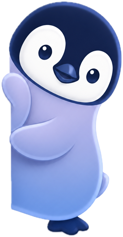 Sally the penguin peeking out from behind the phone