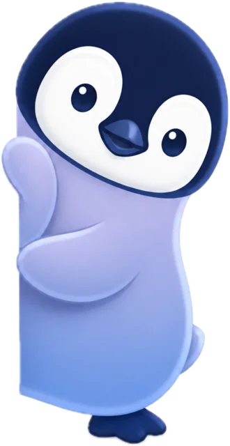 Sally the penguin peeking out from behind the phone
